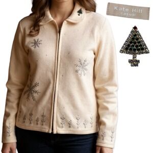 Kate Hill Wool Zip Cardigan Womens Medium Cream Snowflake Holiday Sweater 1990s